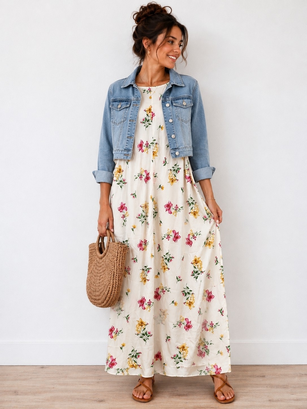 a new day Cream Floral Maxi Dress with Pink & Yellow Blooms Cottegecore